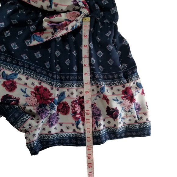 Living Doll Romper Women's M Blue & White Printed Floral Pockets Bell Sleeve Bow - Picture 8 of 12